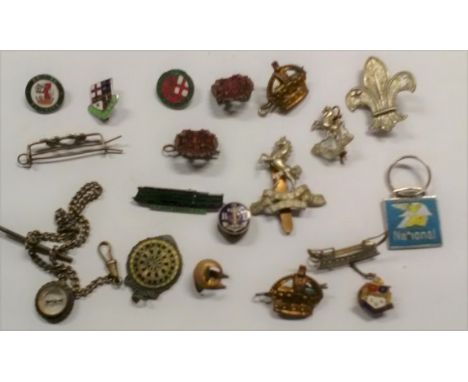 Collection of 17 badges and old compass in chain housed in a tin. We think 1950s, includes National Petrol Station Logo, Brit