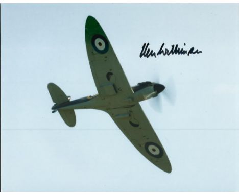 BOB fighter ace Ken Wilkinson signed 10 x 8 inch colour photo. Lovely colour 8 x 10 inch photo of a Spitfire in flight signed