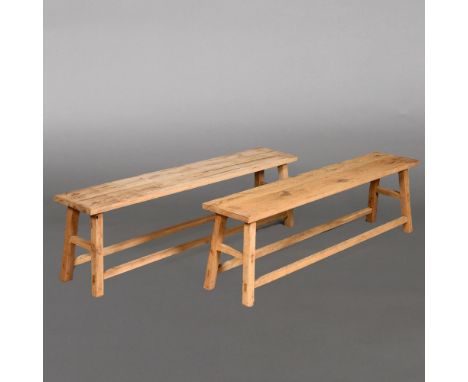 A PAIR OF RECLAIMED LIGHT OAK HANDMADE BENCHES. mortise and tenon joints, height 45cm, width 150cm, depth 30cm Location: - He