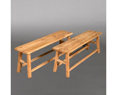 A PAIR OF RECLAIMED LIGHT OAK HANDMADE BENCHES. mortise and tenon joints, height 45cm, width 120cm, depth 30cm Location: - He