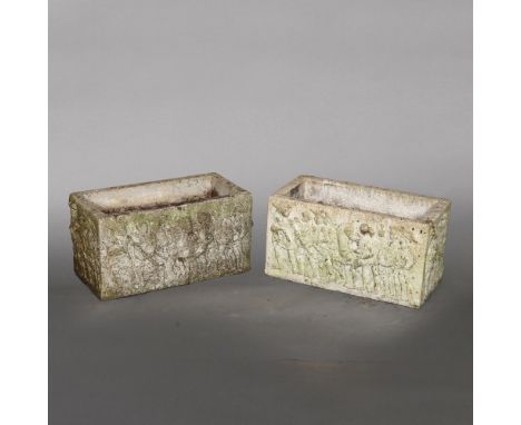 A PAIR OF MEDIEVAL STYLE STONE TROUGH PLANTERS. with soldier and battle scenes, length 61cm Location: - Berkshire RG41