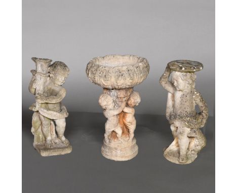 A LOBED BOWL PLANTER ON CHERUB PLINTH. height 80cm, together with two other cherub pedestals or figures (3) Location: - Berks