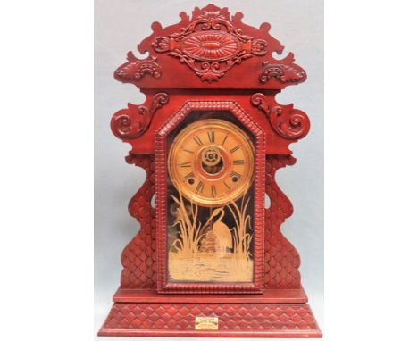 Early 20th century carved Mahogany cased American mantle clock. App. 59cm H Used condition, not tested for working