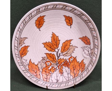 Charlotte Rhead for Crown Ducal 1930's Golden Leaves pattern tube lined circular wall plaque. App. 27cm Diameter Reasonable u