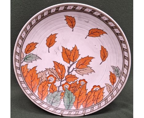Charlotte Rhead for Crown Ducal 1930's Golden Leaves pattern tube lined circular wall plaque. App. 43.5cm Diameter Reasonable
