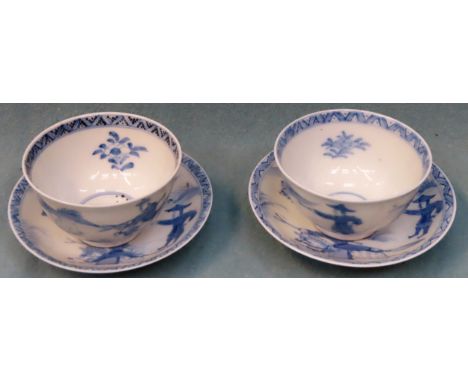 Two similar Oriental blue and white glazed ceramic tea bowls and saucers

reasonable used condition 
