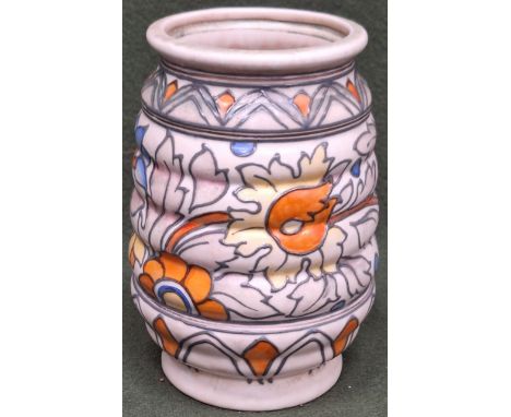 Charlotte Rhead for Crown Ducal Ankara pattern tube lined ceramic vase decorated with exotic flowers. App. 18cm H Reasonable 