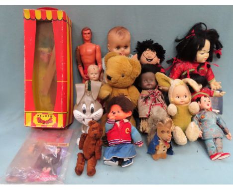 Parcel of various dolls and teddies including boxed Pelham Puppet, Basil Brush, Dennis the Menace, Merrythought etc

All in u