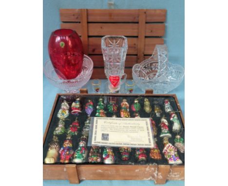 Vintage boxed Thomas Pacconi fiber glass christmas decorations, plus glassware including Waterford ruby coloured vase etc

Al