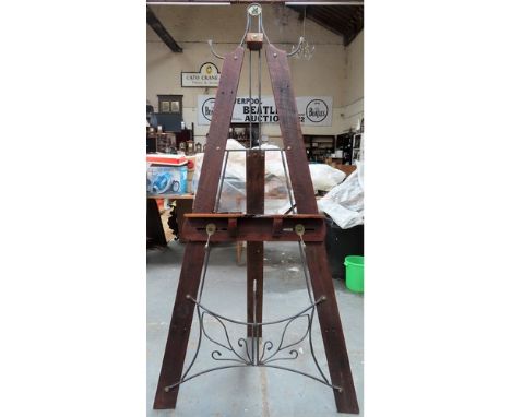 Large vintage Oak and cast metal artists easel. App. 200cm H x 66cm W, reasonable used condition, scuffs and scratches