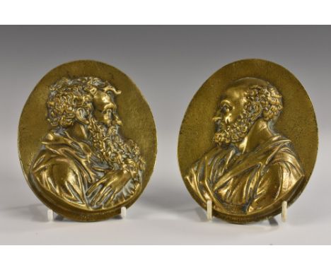 A pair of 19th century cast brass oval portrait plaques, in relief with bearded philosophers, 12.5cm x 10.5cm