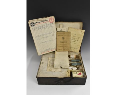 Railway/Medical Interest - an LMS Ambulance Stores First Aid box, painted metal, with contents, wrapped, to include bandages,
