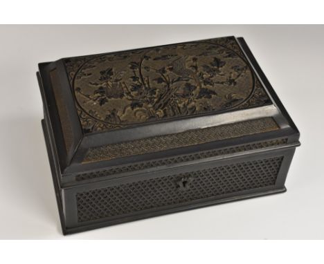 A Chinese lacquer rectangular cigar box, by Ko King Yuan, Foochow, in relief with birds amongst leaft branches, on a ground o