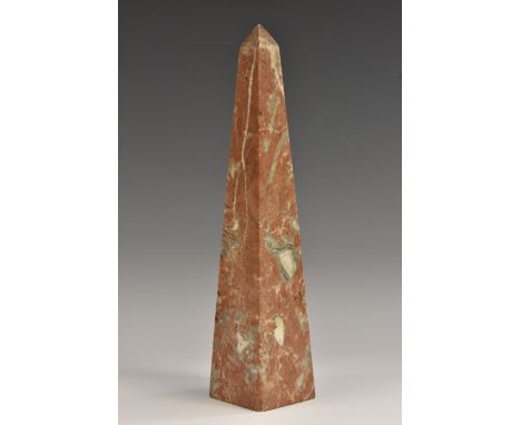 A Grand Tour specimen marble obelisk, light red matrix enclosing crystalline inclusions, 26.5cm high, late 19th/early 20th ce