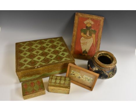 A 19th century Indian Mughal rectangular parchment and softwood portrait panel, painted in colourful pigments with a full-len