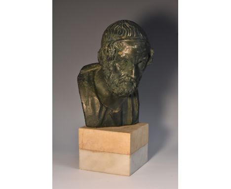 Grand Tour School, after the antique, a verdigris patinated portrait bust, Homer, marble base, 21cm high overall