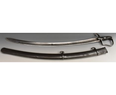 A 1796 pattern Light Cavalry sword, 82.5cm curved fullered blade, stirrup hilt with ribbed grip, steel scabbard, 98.5cm long 