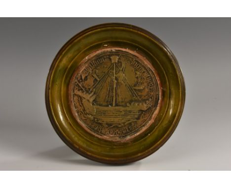 A wax intaglio impression, after a medieval seal matrix, depicting a merchant ship, 8cm diam 