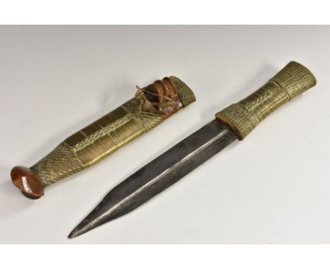 Tribal Art - a Shona bakatwa dagger, 16.5cm pointed double-edged blade, wire bound hardwood haft and scabbard, 27cm long over