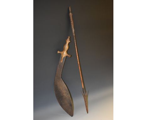 A 19th century Indian tulwar-hilted kukri, 40.5cm leaf-shaped blade chased with lotus, 53.5cm long overall; a South-East Asia