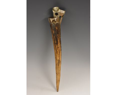 A silver mounted stag antler cigar piercer, 25.5cm long, marked 935, first half 20th century 