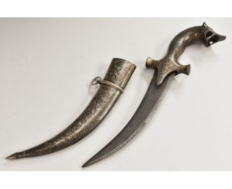 An Indian bidri dagger, in the Mughal taste, 17.5cm curved blade, lion's head hilt, conforming scabbard, 30cm long overall