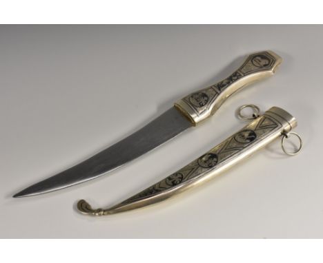 An Arabic kindjal dagger, 16.5cm curved blade, niello hilt and scabbard, 32cm long overall 