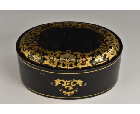 A 19th century toleware rectangular cash box, brass angular swan neck handle, 32cm wide, c.1880; a toleware oval box or caddy