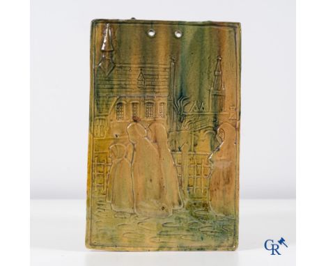 Embrechts-Genouw Torhout. An extremely rare rectangular wall tile "plaque" in Torhout pottery with an image in relief of Brug
