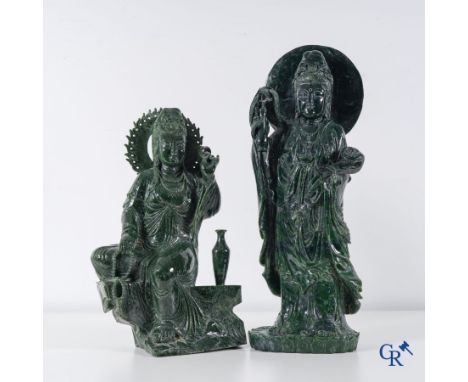 Asian Art: 2 Chinese Jadeite figures of a standing Guanyin with scepter and a seated Guanyin. 2nd half of the 20th century. |