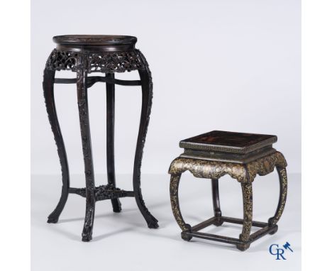 Asian Art: A finely carved pedestal in Chinese hardwood and a square Chinese painted and lacquered pedestal. 19th century. | 