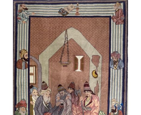 Oriental carpets: Tabriz, Iran. A hand-knotted Tabriz carpet with scholars in a temple. | 140 x 100 cm.