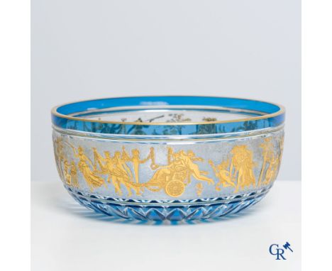 Val Saint Lambert: Léon Ledrut. Fruit platter decor "Danse de Flore" on a blue background.Excellent condition. | Height: 10 c