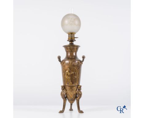 Ferdinand Barbedienne. Large petroleum lamp in brown patinated and gilded bronze. Napoleon III period. Signed. | Total height