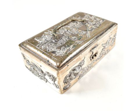 An Antique Chinese white metal jewellery box. The late 19th to early 20th century box being repousse decorated with humming b