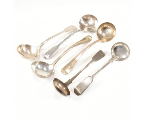 A collection for six hallmarked silver ladles. The lot to include three pairs of sauce ladles. A Scottish pair hallmarked for