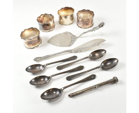 A collection of hallmarked silver and 800 silver items. The lot to include a A George V silver fish knife, hallmarked for She