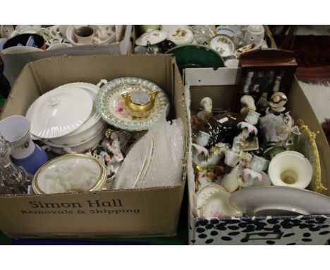 Two boxes of assorted decorative chinaware and glassware to include decorative plate, Dresden style trinket dishes, candelabr