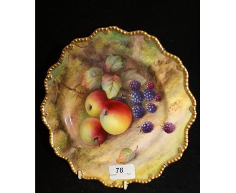 A Royal Worcester cabinet plate with gilt-lined shaped rim, the centrefield painted with apples and blackberries by Thomas G 