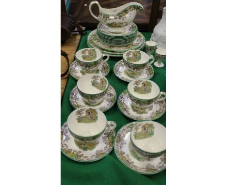 A Copeland Spode "Spode's Byron" part tea set, together with a Tunbridge ware glove box containing various vintage glass marb