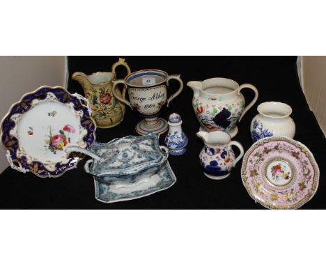 A collection of various 19th Century and other china wares to include pedestal loving mug inscribed "George Athey 1862", lust