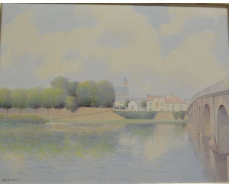 K B HANCOCK "River landscape with bridge in foreground and buildings in the background", oil on canvas, signed bottom left, t