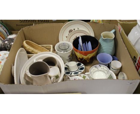 A box of assorted china wares to include a Jersey Pottery egg cup, Wedgwood Jasperware trinket wares, a Poole Pottery pin dis