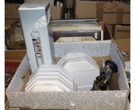 A box containing assorted collector's plates, figurines and a Gallileo thermometer, together with a box containing various LP