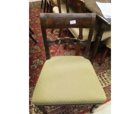 A set of six (4 + 2) Regency mahogany dining chairs with light sage green plush upholstered seats to turned legs CONDITION RE