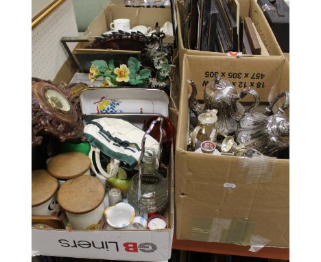 A box of assorted plated wares to include a water jug and teapot, three branch candelabra, etc, two boxes of sundry decorativ