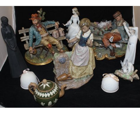 Two capo-di-monte figures of tramps on benches, a Nao figure of young girl at the well, a Lladro figure of boy yawning, Lladr