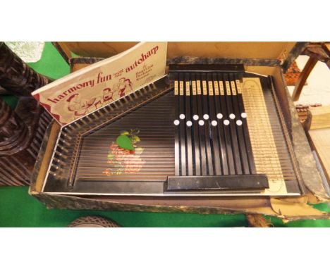 A boxed auto-harp together with instruction book and one volume of Beatrice Perham Krone "Harmony Fun with the Auto-harp" pub