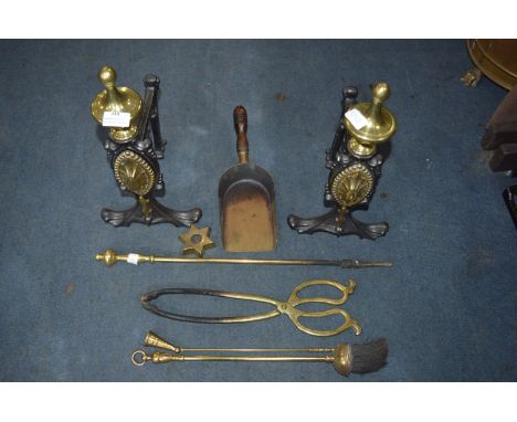Brass &amp; Cast Iron Fire Dogs with Fireside Tools 