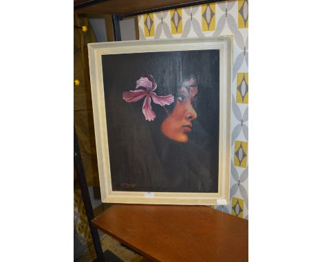 1960's Painting on Board - Portrait of Lady with Pink Flower by G.B. Wright 
